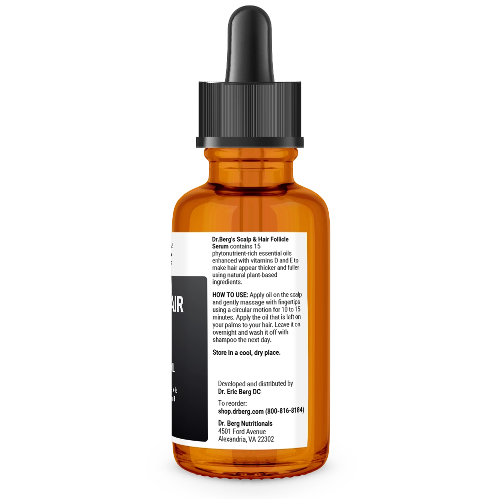 Scalp and Hair Serum bottle label, right side view, instructions for use.