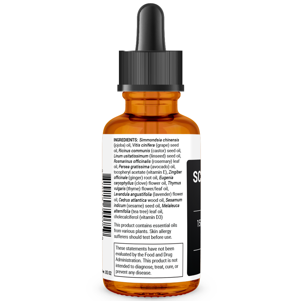 Scalp and Hair Serum bottle label, left side view, ingredient list, safety warnings.