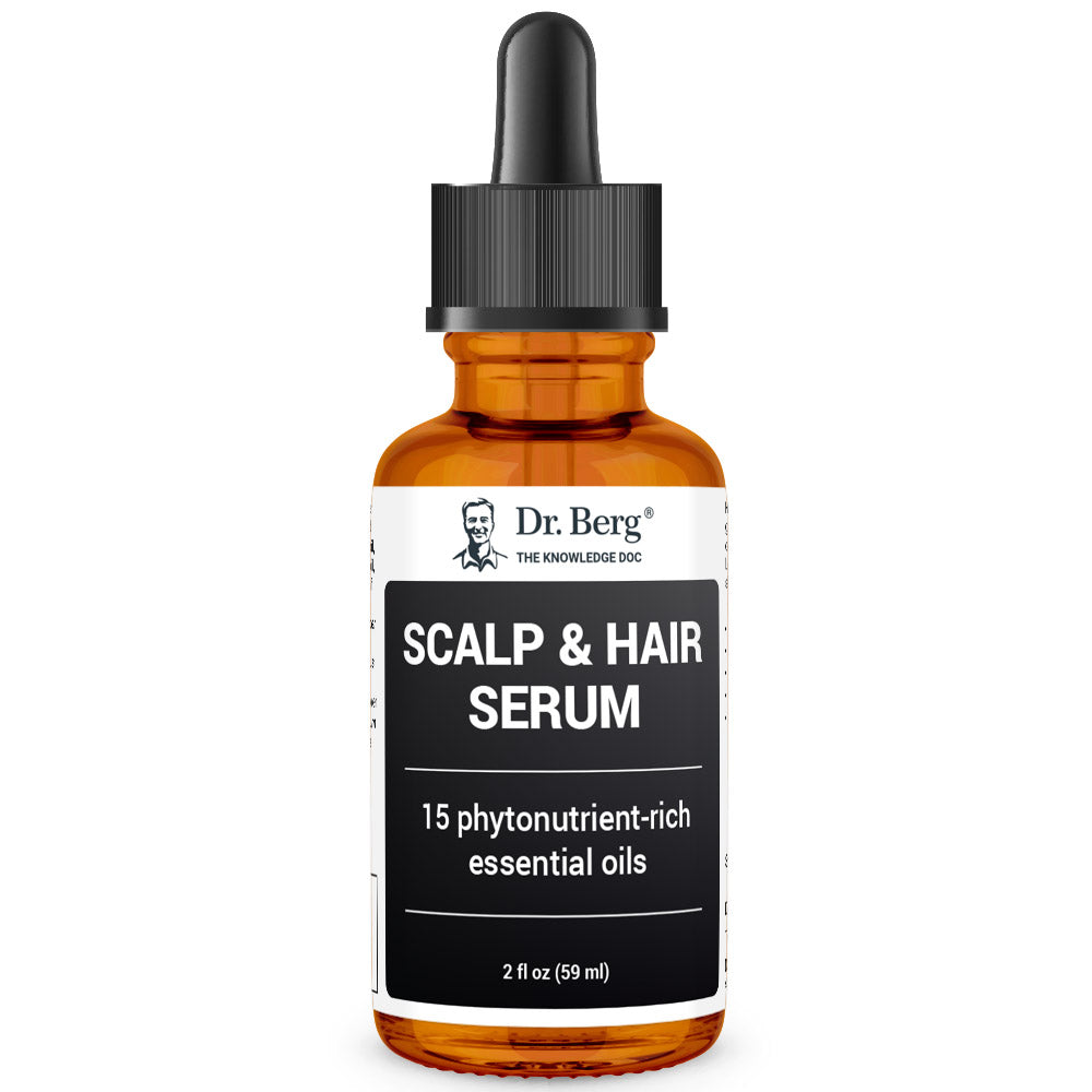 Scalp and Hair Serum with 15 phytonutrient-rich essential oils, 2 fluid ounces, front view, glass bottle with dropper, Dr. Berg branding.