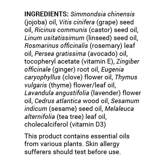 Scalp and Hair Serum bottle label, full ingredient list.