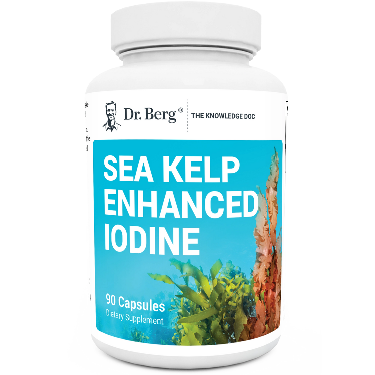 Sea Kelp Enhanced Iodine, 90 capsules, front view, bottle with Dr. Berg branding and seaweeds on the cover.