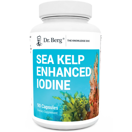 Sea Kelp Enhanced Iodine, 90 capsules, front view, bottle with Dr. Berg branding and seaweeds on the cover.