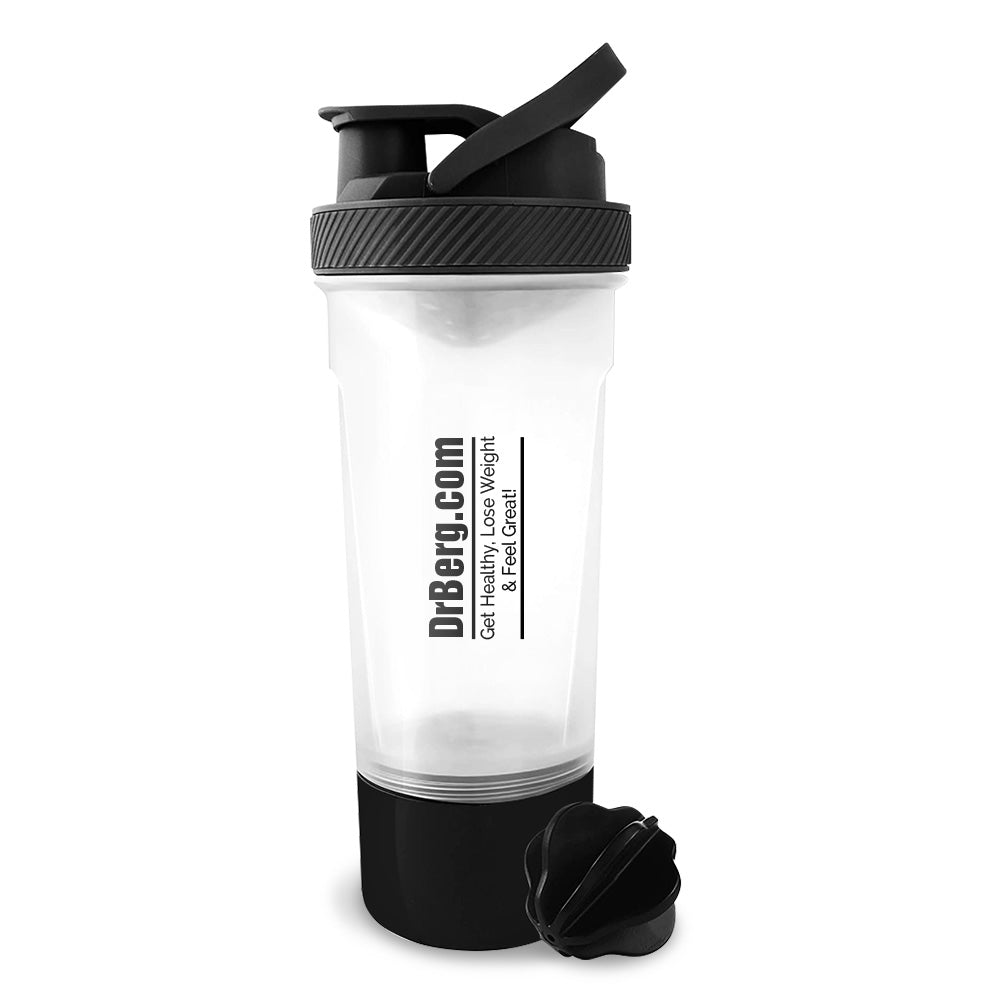 Shaker bottle with 'DrBerg.com - Get Healthy, Lose Weight and Feel Great!' written on it. Clear plastic bottle with a screw-on cap, separate mixing ball. Holds 24 ounces.