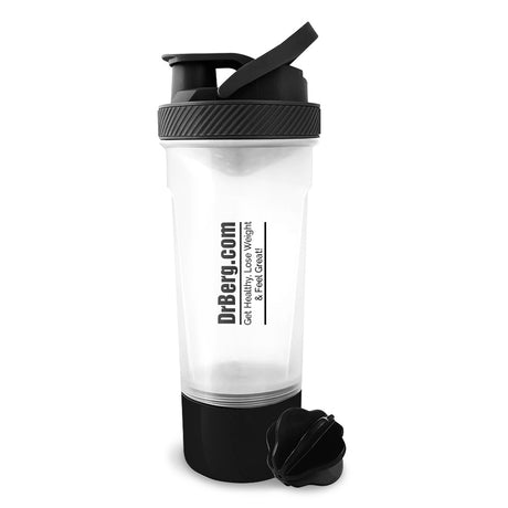 Shaker bottle with 'DrBerg.com - Get Healthy, Lose Weight and Feel Great!' written on it. Clear plastic bottle with a screw-on cap, separate mixing ball. Holds 24 ounces.