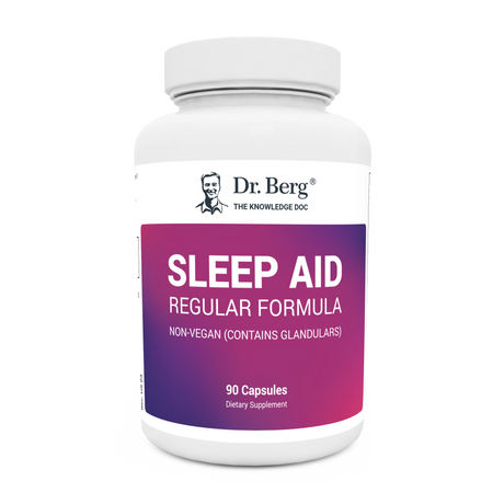 Sleep Aid Regular Formula, 90 capsules, Non-Vegan (Contains Glandulars), front view, bottle with Dr. Berg branding.