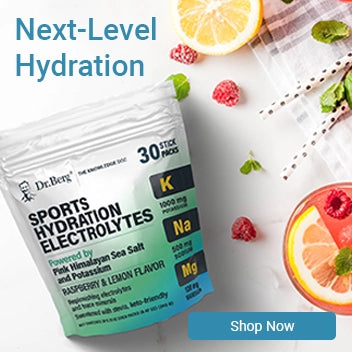 Next Level Hydration Dr. Berg's Sports Hydration Electrolytes 30 Stick Packs. Raspberry and Lemon Flavor. Shop Now.