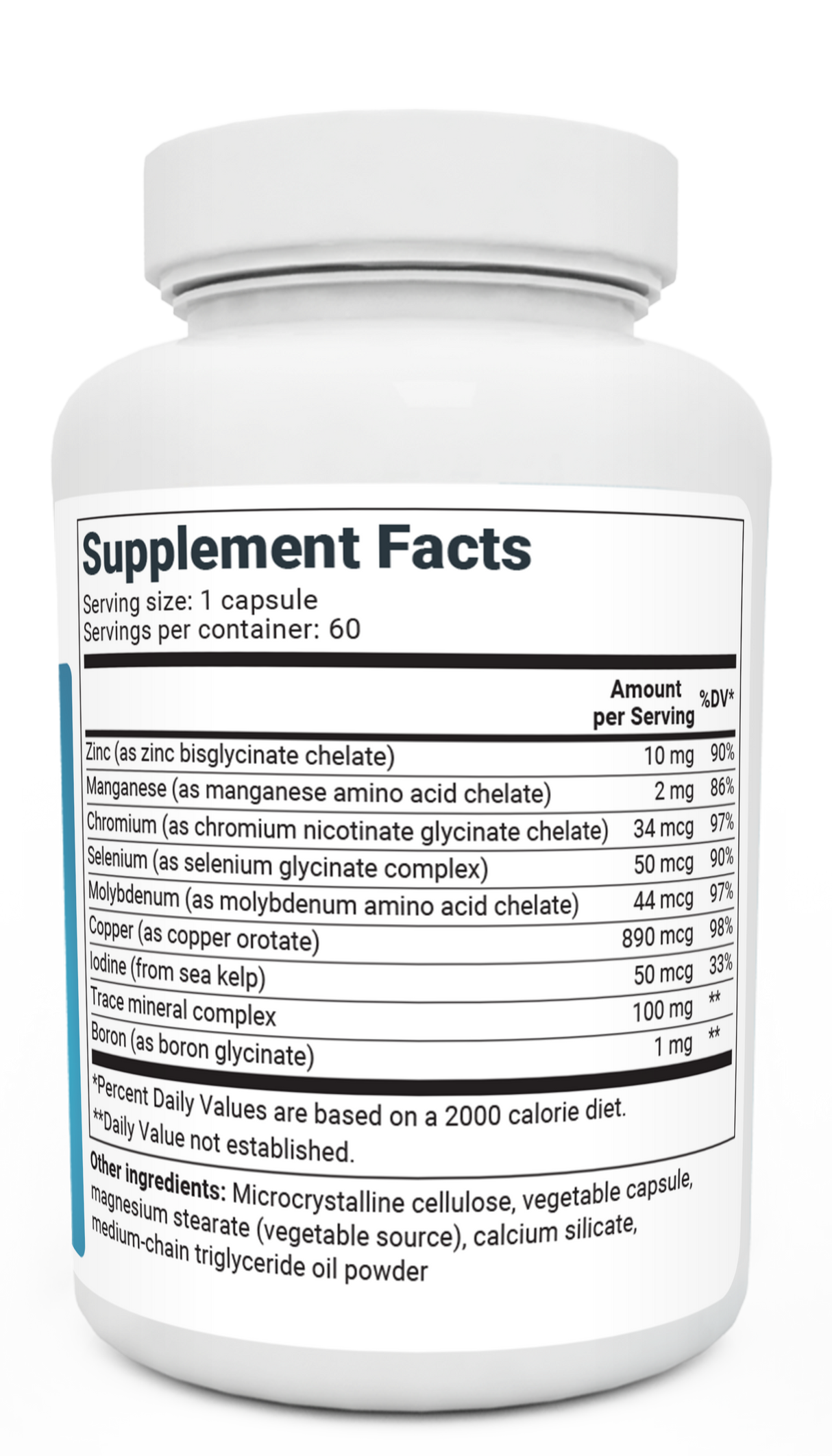 Trace Minerals Enhanced bottle label, right side view, supplement facts. 