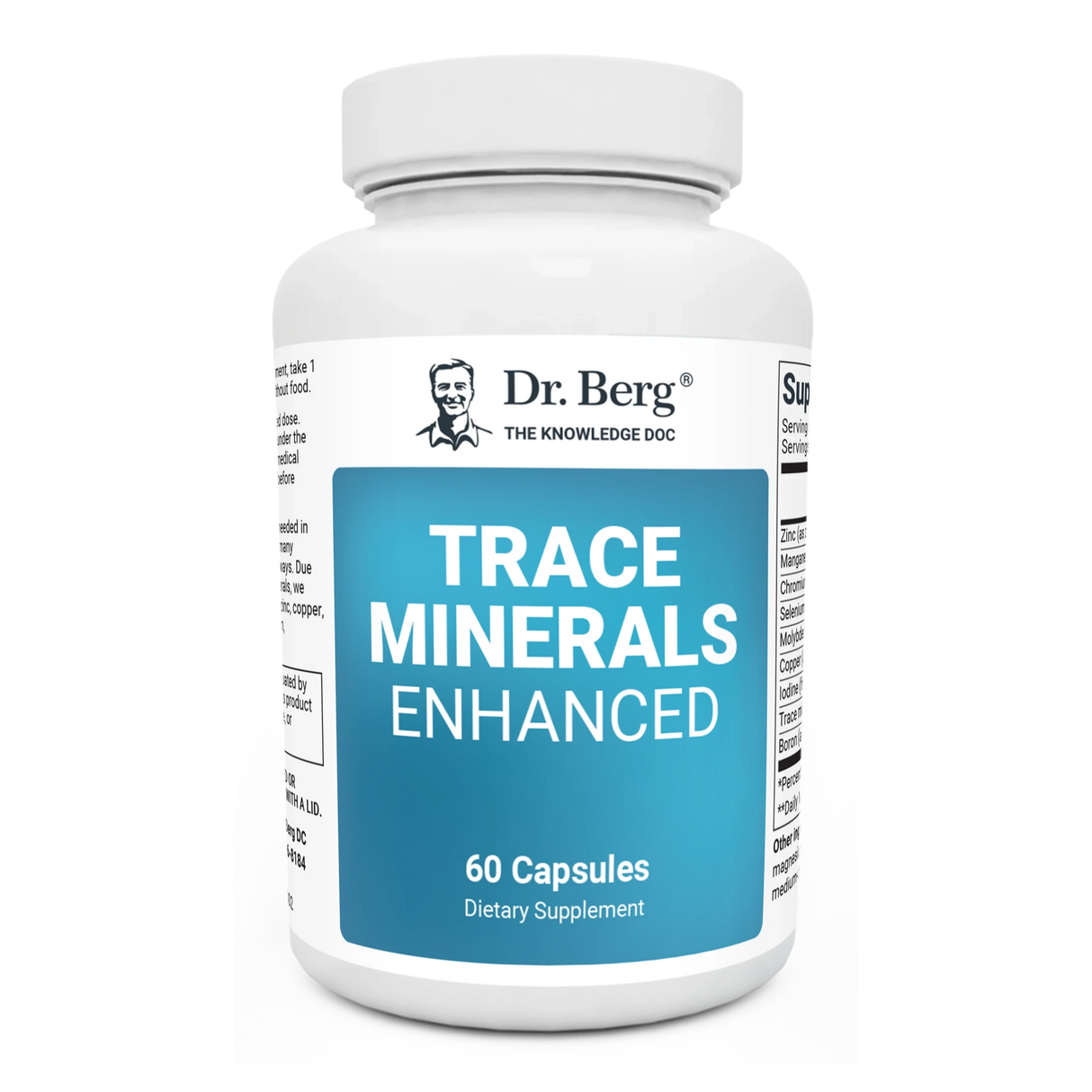 Trace Minerals Enhanced, 60 capsules, front view, bottle with Dr. Berg branding.