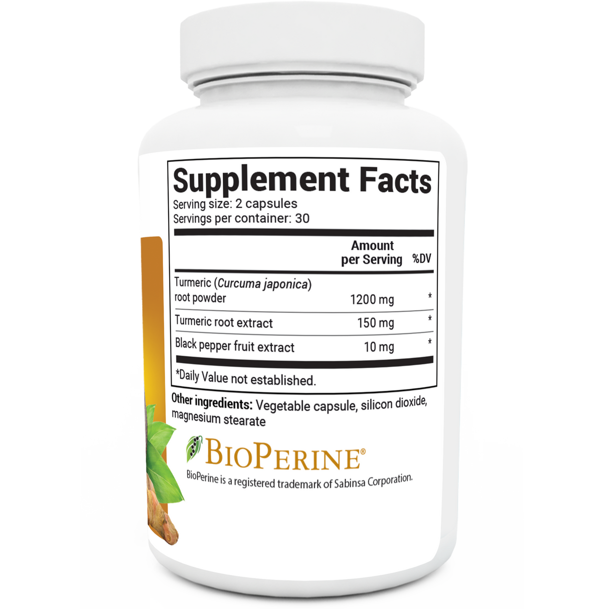 Turmeric Curcumin bottle label, right side view, supplement facts. 