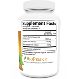 Turmeric Curcumin bottle label, right side view, supplement facts. 