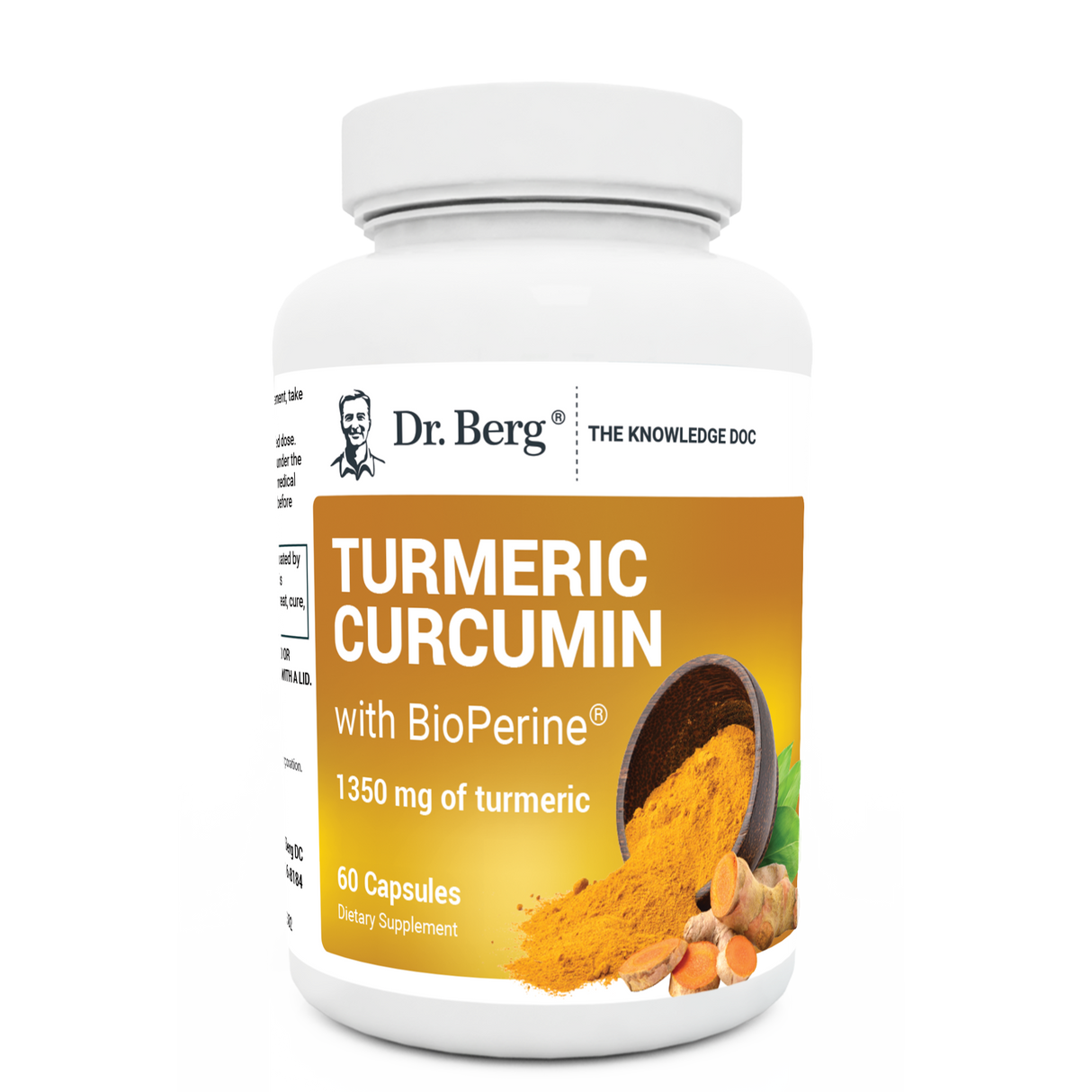 Turmeric Curcumin with BioPerine, 60 capsules, front view, bottle with Dr. Berg branding and turmeric plant on the cover.