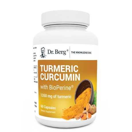 Turmeric Curcumin with BioPerine, 60 capsules, front view, bottle with Dr. Berg branding and turmeric plant on the cover.