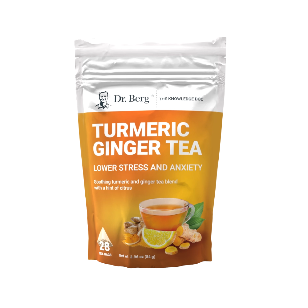 Turmeric Ginger Tea, 28 tea bags, front view, bag with Dr. Berg branding, cup of tea with turmeric, ginger, and lemon on the cover.