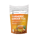 Turmeric Ginger Tea, 28 tea bags, front view, bag with Dr. Berg branding, cup of tea with turmeric, ginger, and lemon on the cover.