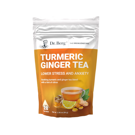 Turmeric Ginger Tea, 28 tea bags, front view, bag with Dr. Berg branding, cup of tea with turmeric, ginger, and lemon on the cover.