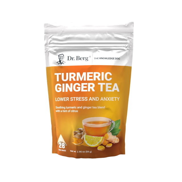 Turmeric Ginger Tea, 28 tea bags, front view, bag with Dr. Berg branding, cup of tea with turmeric, ginger, and lemon on the cover.