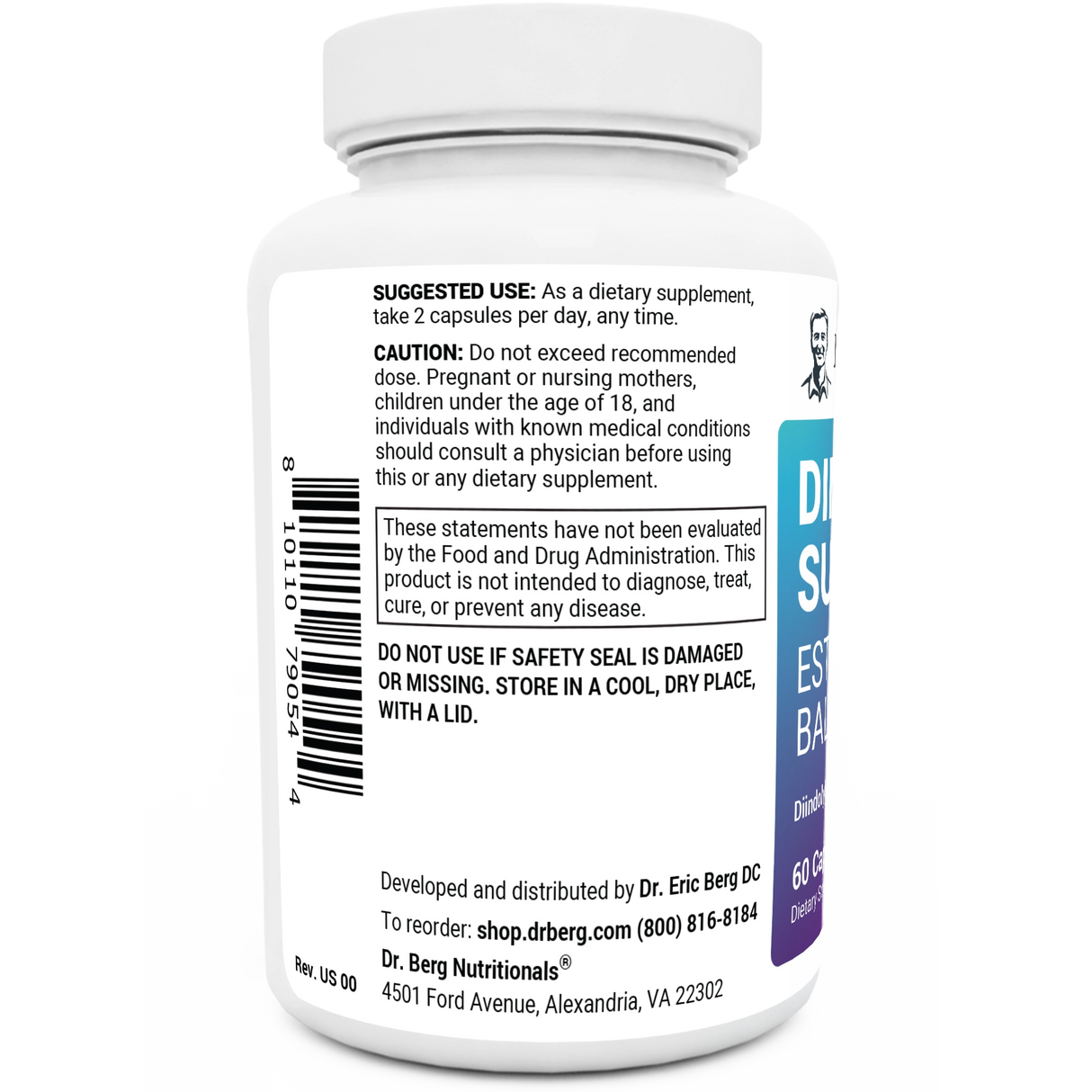 DIM Supplement Estrogen Balance bottle label, left side view, suggested use instructions, safety warning details.