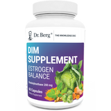 DIM Supplement Estrogen Balance, 60 capsules, front view, bottle with Dr. Berg branding, vegetables and turmeric on the cover.