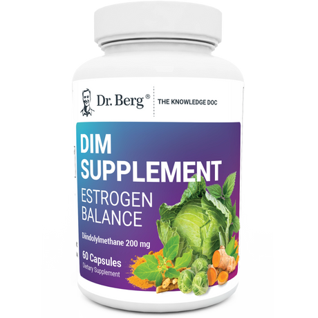 DIM Supplement Estrogen Balance, 60 capsules, front view, bottle with Dr. Berg branding, vegetables and turmeric on the cover.