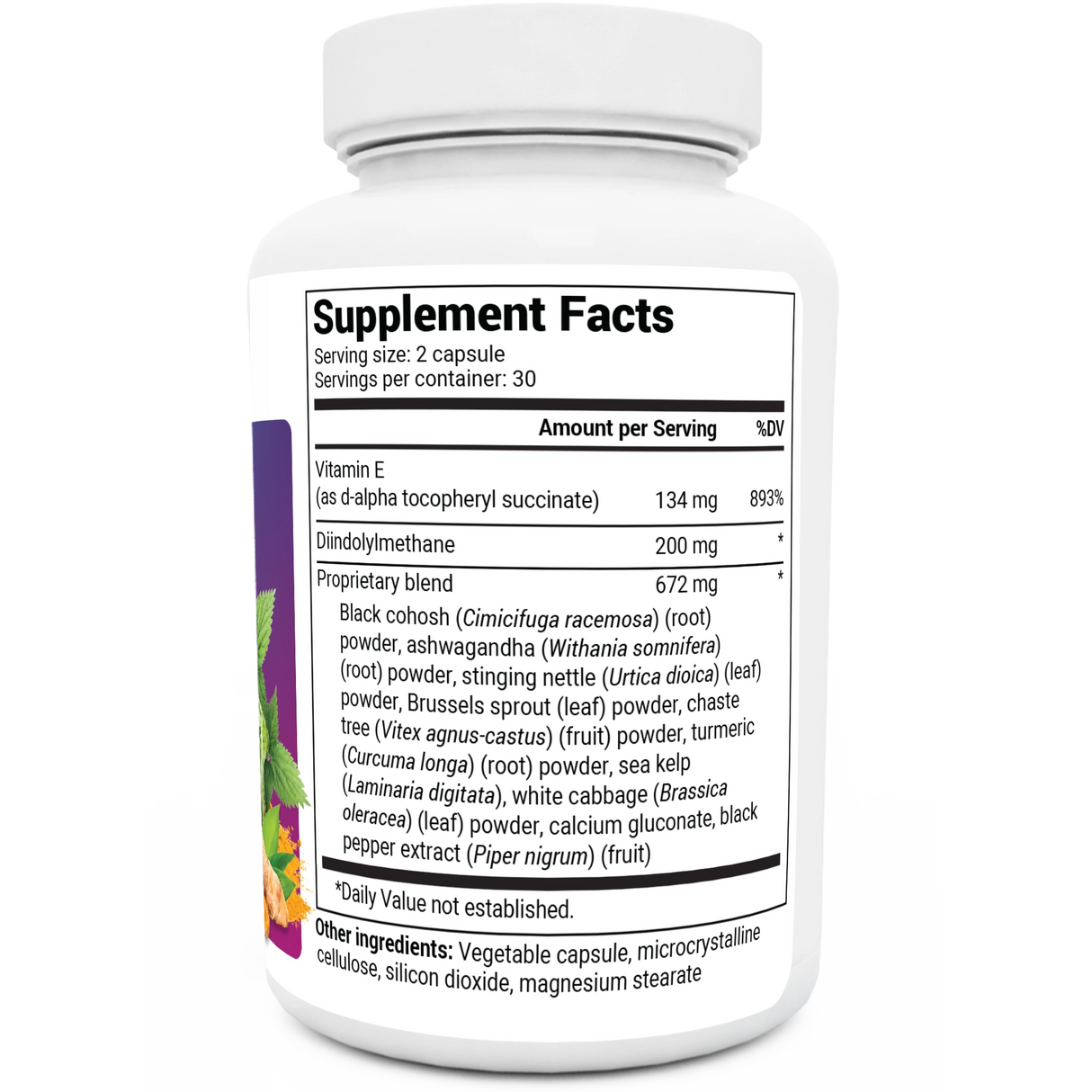 DIM Supplement Estrogen Balance bottle label, right side view, supplement facts. 