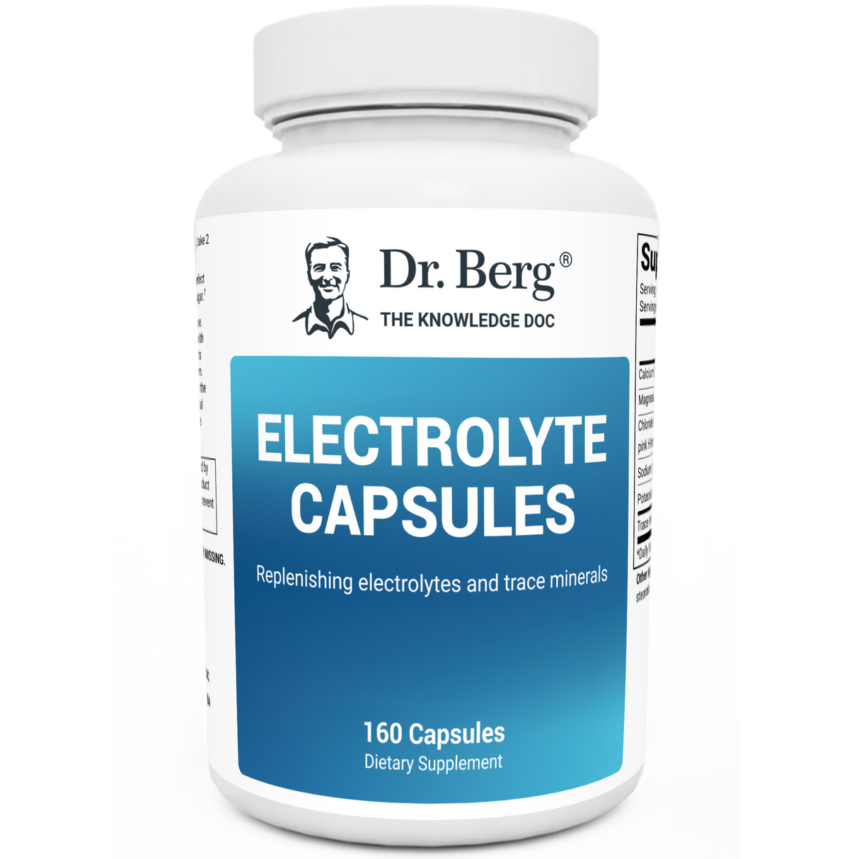 Electrolyte Capsules, 160 capsules, front view, bottle with Dr. Berg branding.