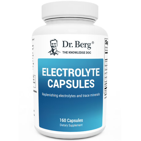 Electrolyte Capsules, 160 capsules, front view, bottle with Dr. Berg branding.