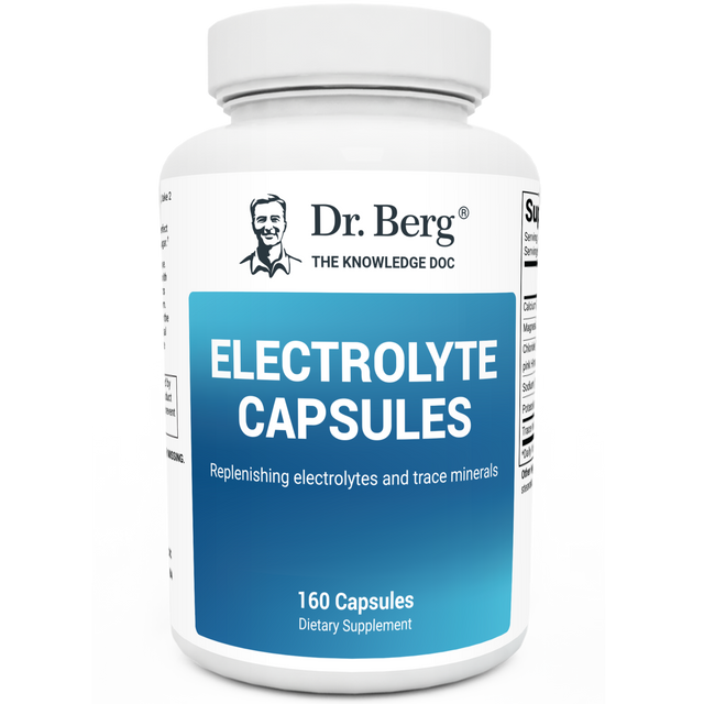 Electrolyte Capsules, 160 capsules, front view, bottle with Dr. Berg branding.