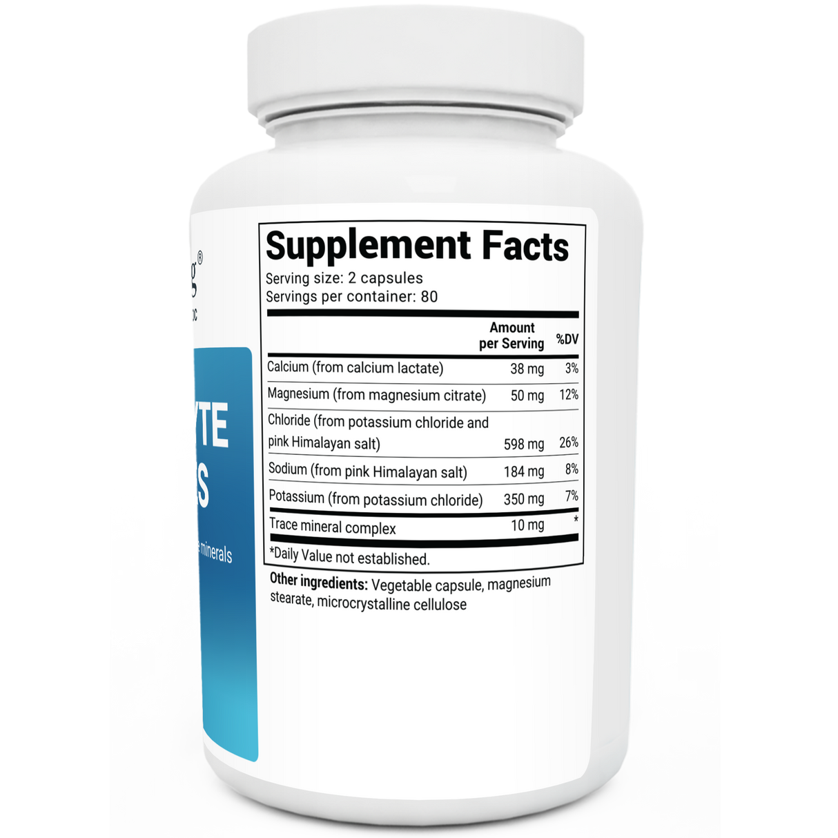 Electrolyte Capsules bottle label, right side view, supplement facts. 