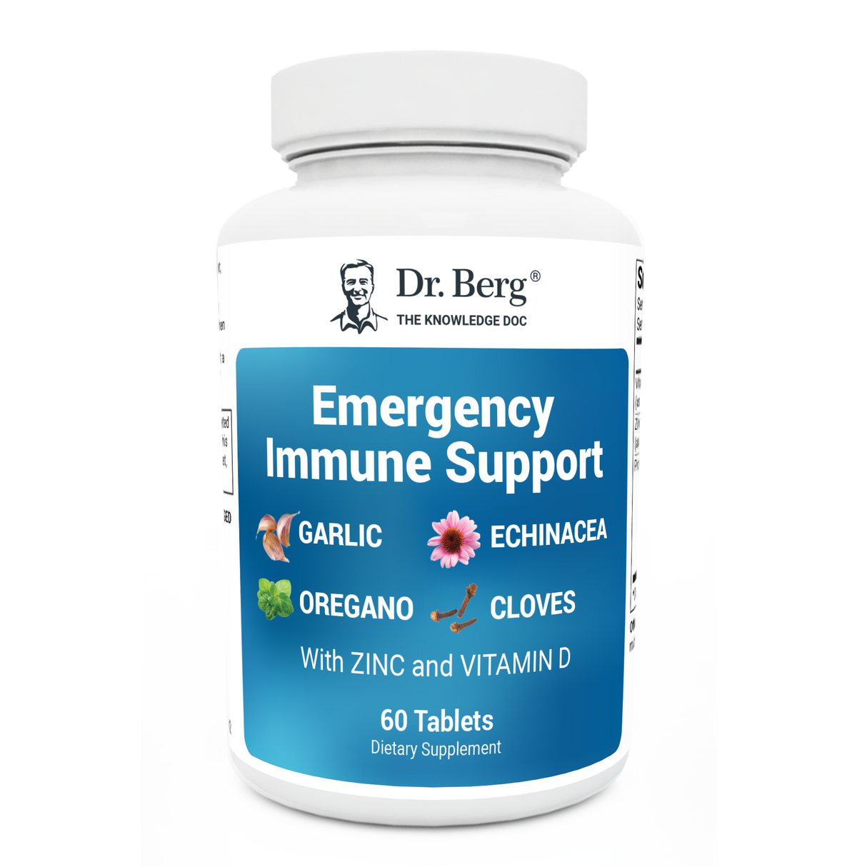 Emergency Immune Support: Garlic, Echinacea, Oregano, Cloves with Zinc and Vitamin D, 60 Tablets, front view, bottle with Dr. Berg branding.