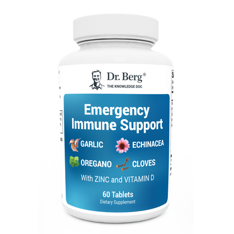 Emergency Immune Support: Garlic, Echinacea, Oregano, Cloves with Zinc and Vitamin D, 60 Tablets, front view, bottle with Dr. Berg branding.