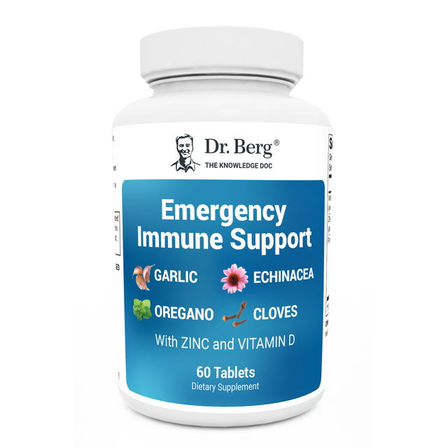 Emergency Immune Support: Garlic, Echinacea, Oregano, Cloves with Zinc and Vitamin D, 60 Tablets, front view, bottle with Dr. Berg branding.