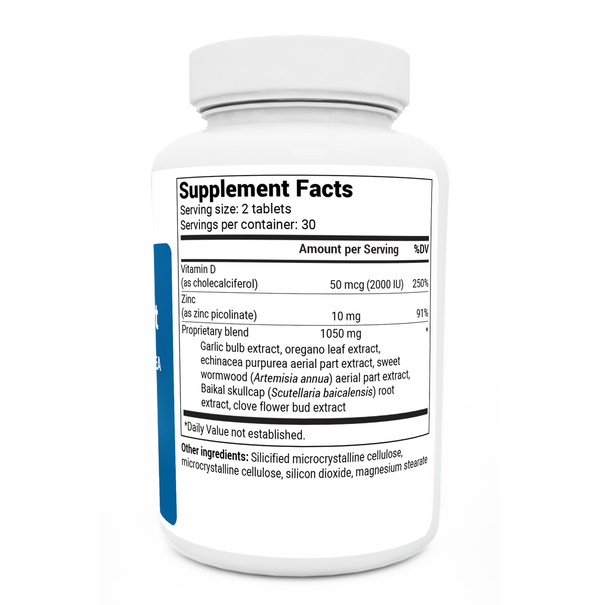 Emergency Immune Support bottle label, right side view, supplement facts. 