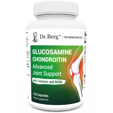 Glucosamine Chondroitin Advanced Joint Support with Turmeric and MSM, 120 capsules, front view, bottle with Dr. Berg branding and knee joint on the cover.