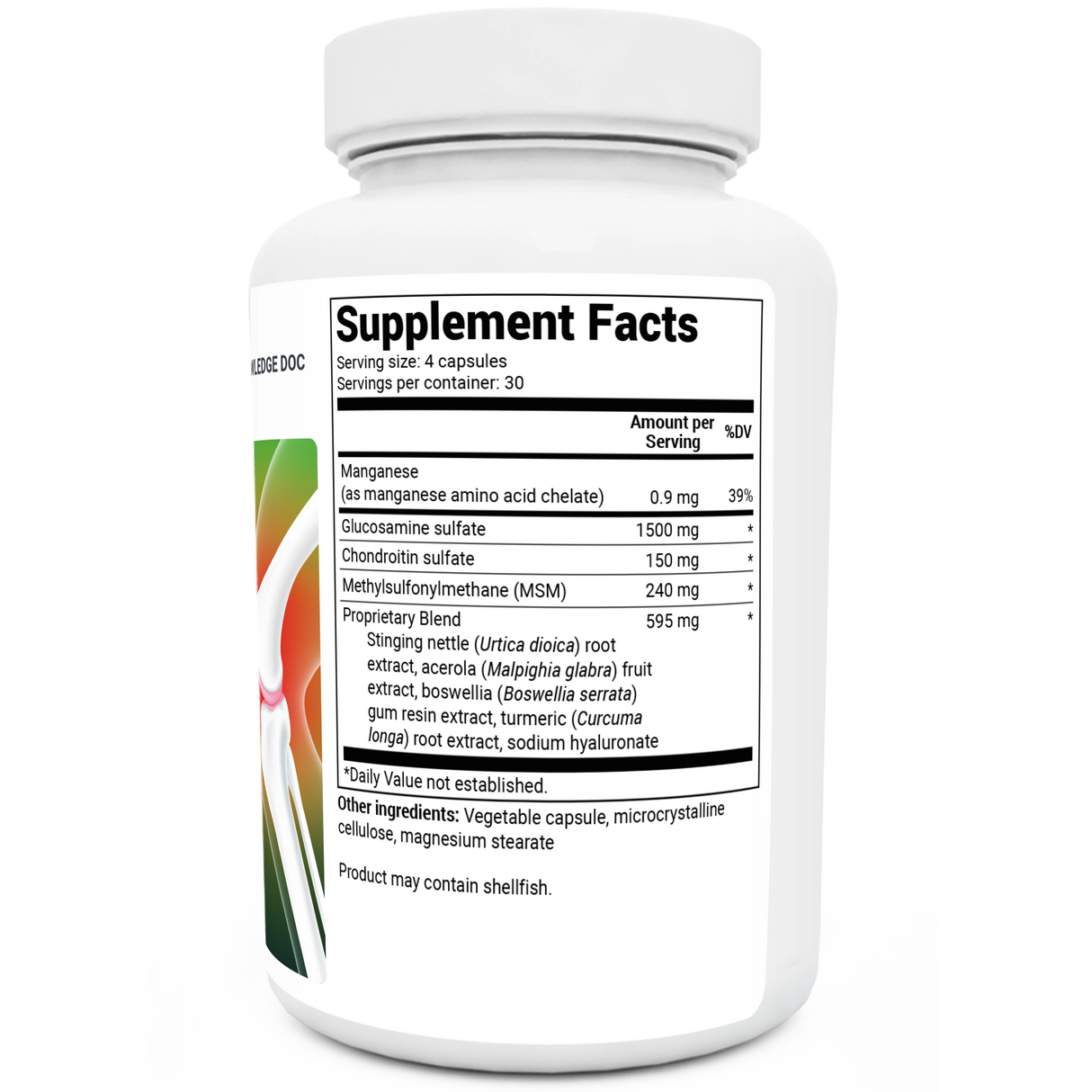 Glucosamine Chondroitin Advanced Joint Support bottle label, left side view, suggested use instructions, safety warning details.