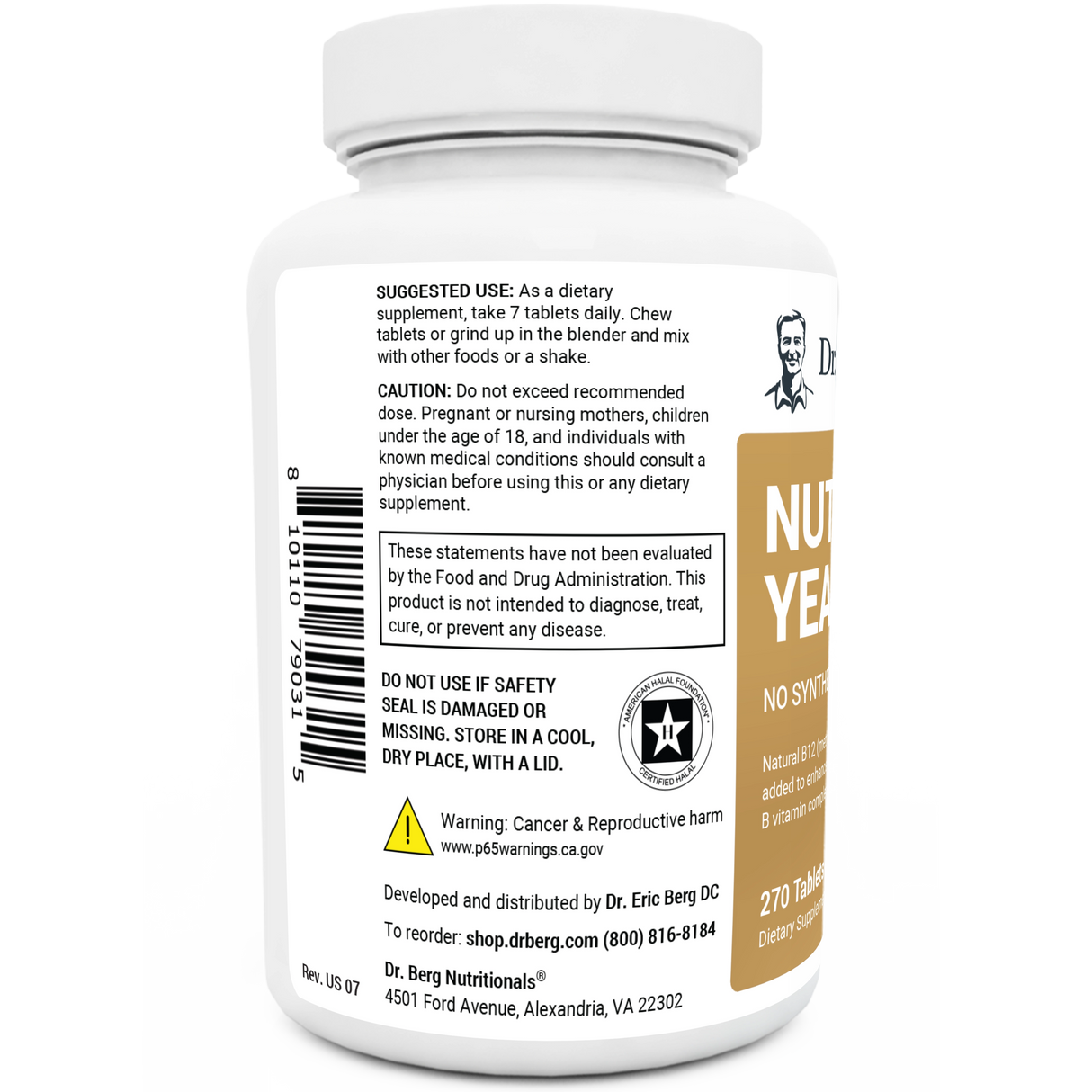 Nutritional Yeast Tablets bottle label, left side view, suggested use instructions, safety warning details.