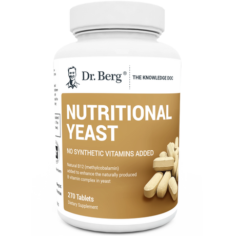 Nutritional Yeast Tablets, 270 capsules, no synthetic vitamins added, front view, bottle with Dr. Berg branding.