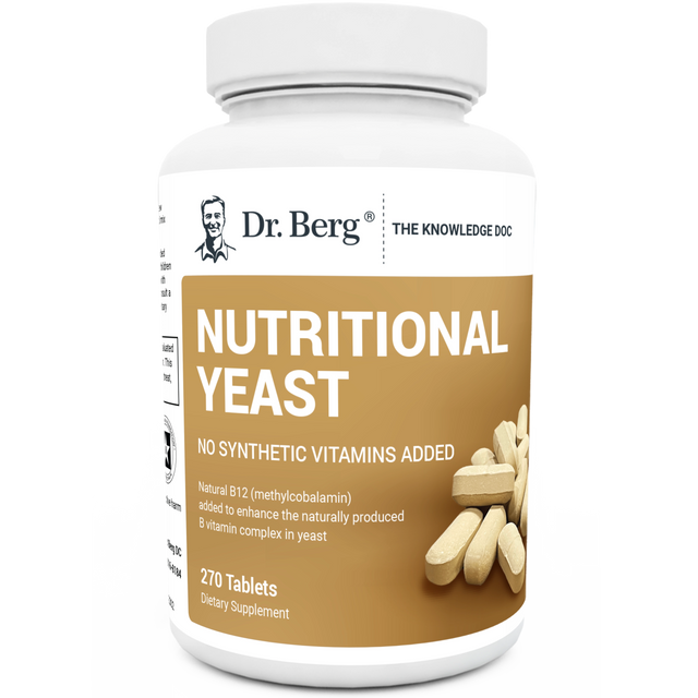 Nutritional Yeast Tablets, 270 capsules, no synthetic vitamins added, front view, bottle with Dr. Berg branding.