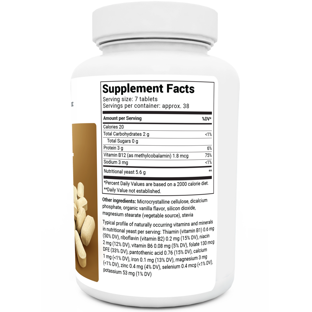 Nutritional Yeast Tablets bottle label, right side view, supplement facts. 