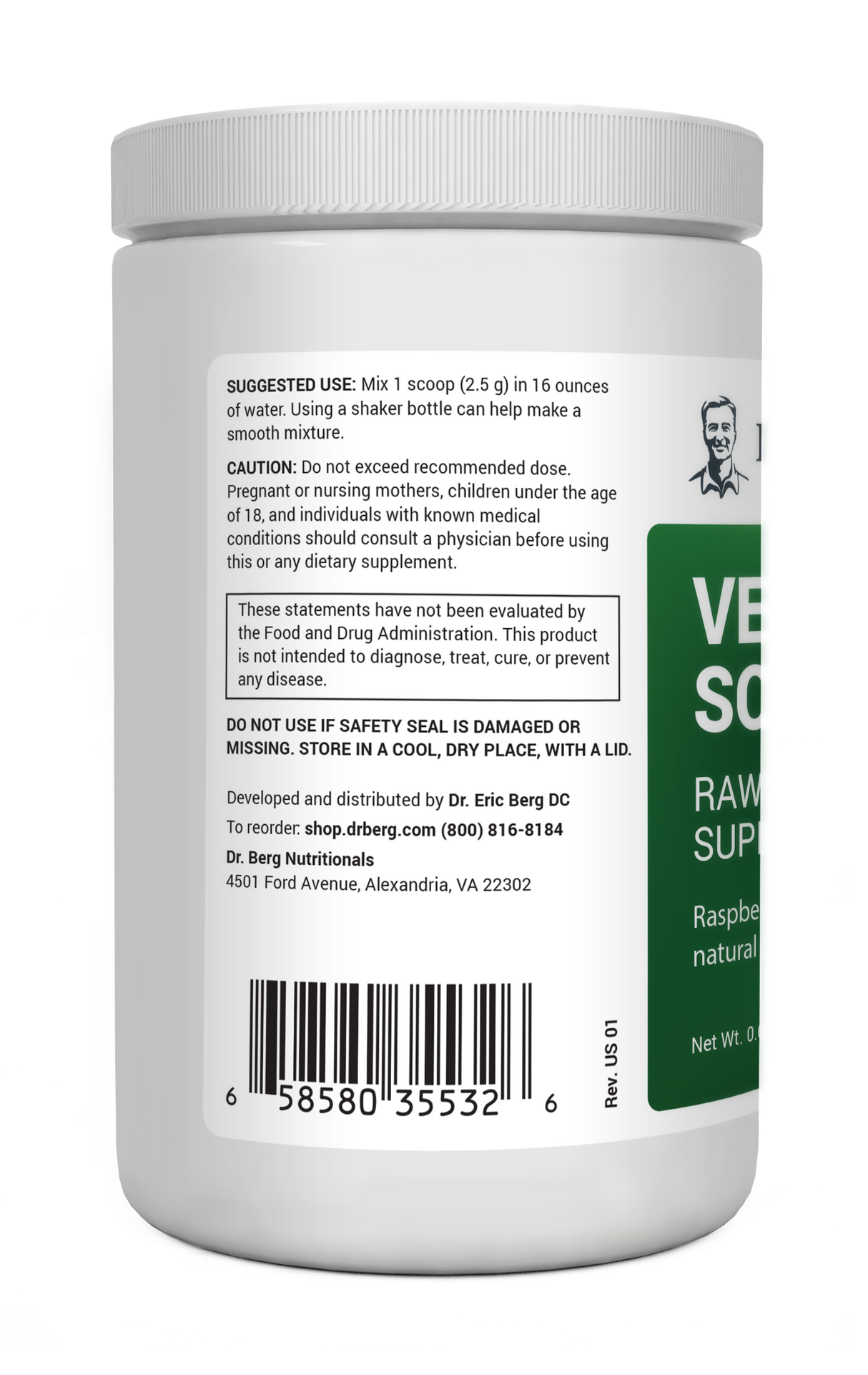 Veggie Solution Raw Green Superfood Powder bottle label, left side view, suggested use instructions, safety warning details.