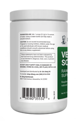 Veggie Solution Raw Green Superfood Powder bottle label, left side view, suggested use instructions, safety warning details.