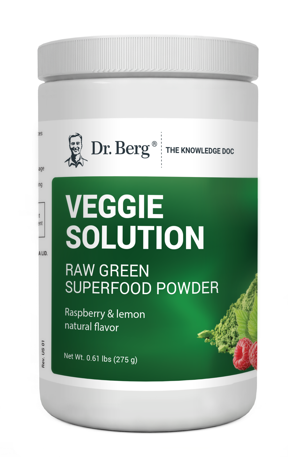 Veggie Solution Raw Green Superfood Powder, Raspberry and Lemon Flavor, 0.61 pound, front view, bottle with Dr. Berg branding. test