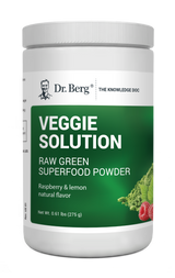 Veggie Solution Raw Green Superfood Powder, Raspberry and Lemon Flavor, 0.61 pound, front view, bottle with Dr. Berg branding. test