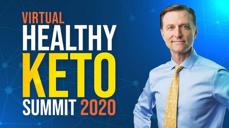 Dr. Berg stands confidently with hand on hip, wearing a soft smile, beside text: 'Virtual Healthy Keto Summit 2020'.