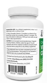 Chewable Vitamin C Complex bottle label, left side view, suggested use instructions, safety warning details. 