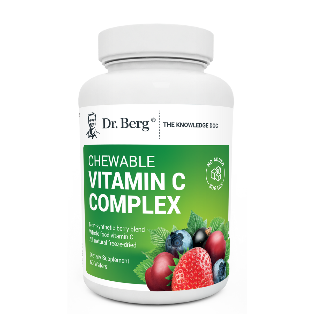 Chewable Vitamin C Complex, no added sugar, 60 wafers, front view, bottle with Dr. Berg branding and mixed berries on the cover.