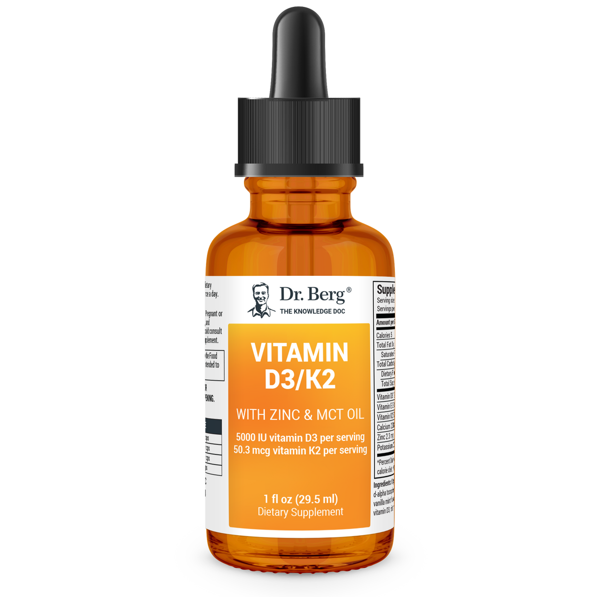 Vitamin D3 and K2 with Zinc & MCT Oil, 1 fluid ounce, front view, glass bottle with dropper, Dr. Berg branding.