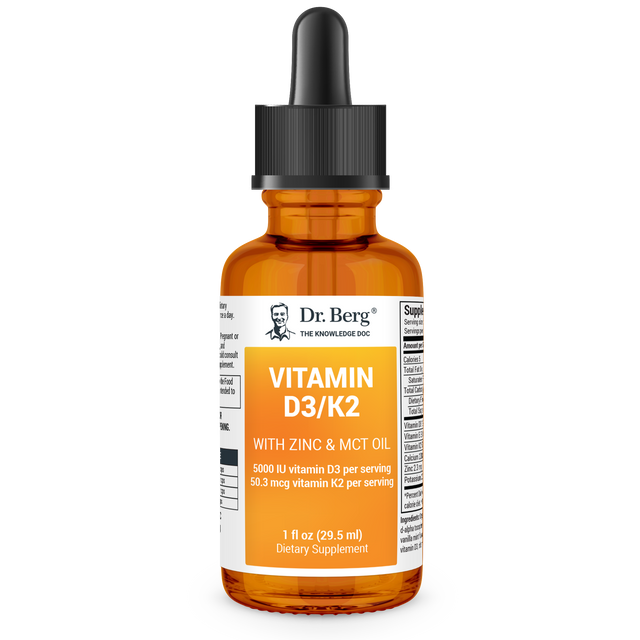 Vitamin D3 and K2 with Zinc & MCT Oil, 1 fluid ounce, front view, glass bottle with dropper, Dr. Berg branding.