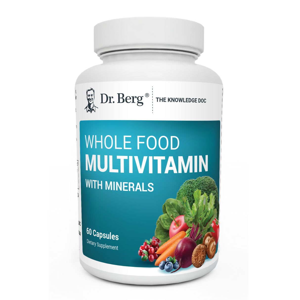 Whole Food Multivitamin with Minerals, 60 capsules, front view, bottle with Dr. Berg branding, vegetables and fruits on the cover.