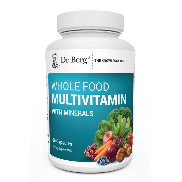 Whole Food Multivitamin with Minerals, 60 capsules, front view, bottle with Dr. Berg branding, vegetables and fruits on the cover.