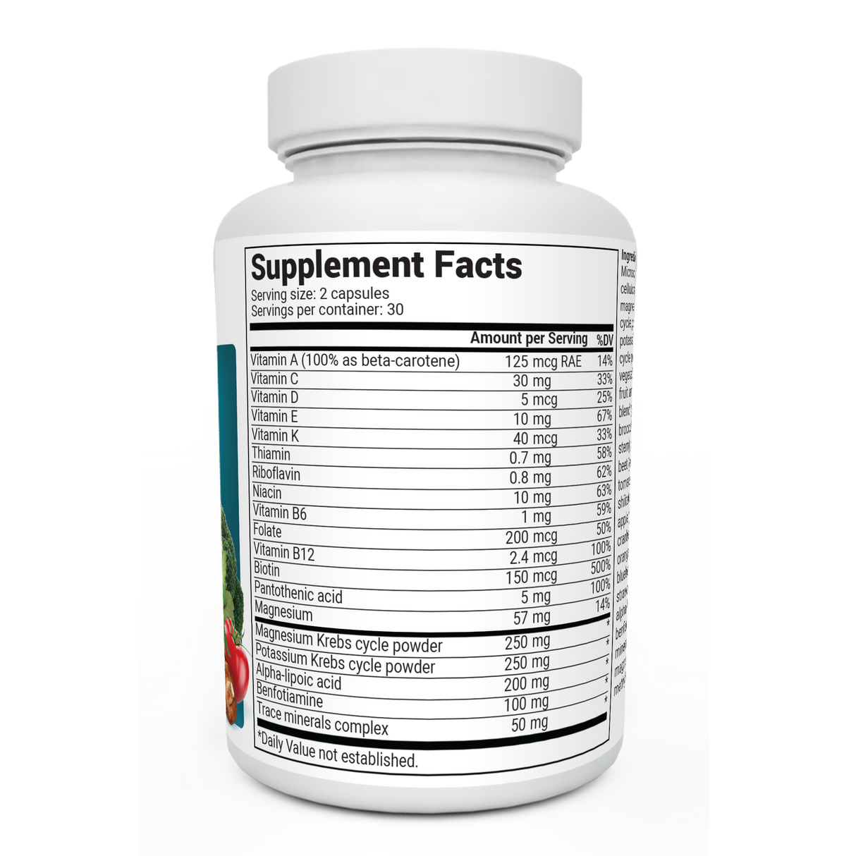 Whole Food Multivitamin bottle label, right side view, supplement facts. 